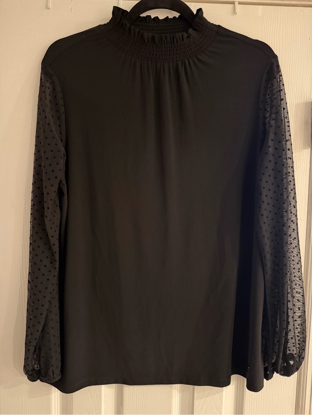 Anne Klein Black Swiss Dot Sheer Sleeve Smocked Ruffle Mock Neck Blouse L